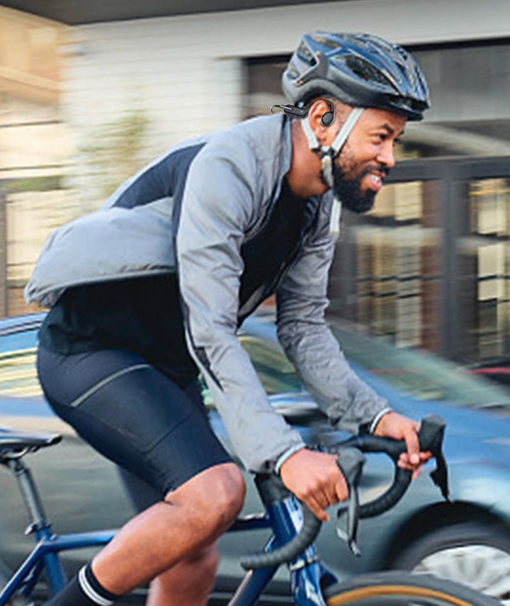 Open-ear bone conduction headphones, perfect for swimming & sports. Waterproof Bluetooth 5.4 headset.