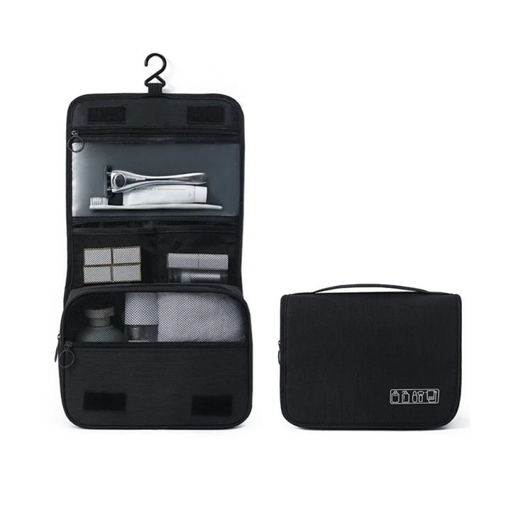 Unisex waterproof travel toiletry bag with hanging hook, open, showing multiple compartments for cosmetics & grooming
