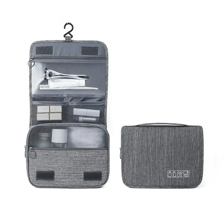 Closed unisex travel toiletry bag made of durable, waterproof material, with a sturdy hanging hook visible