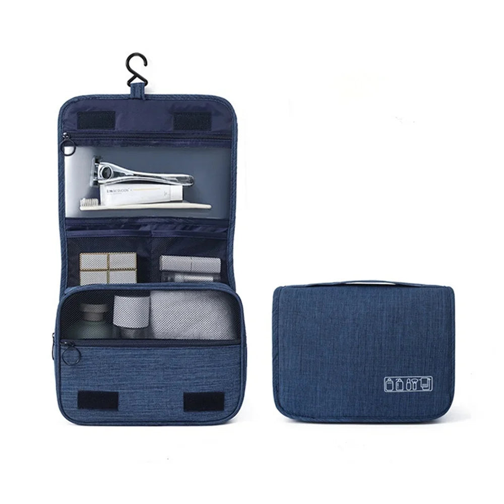 Portable hanging toiletry bag for travel, new condition, with various personal care items organized inside