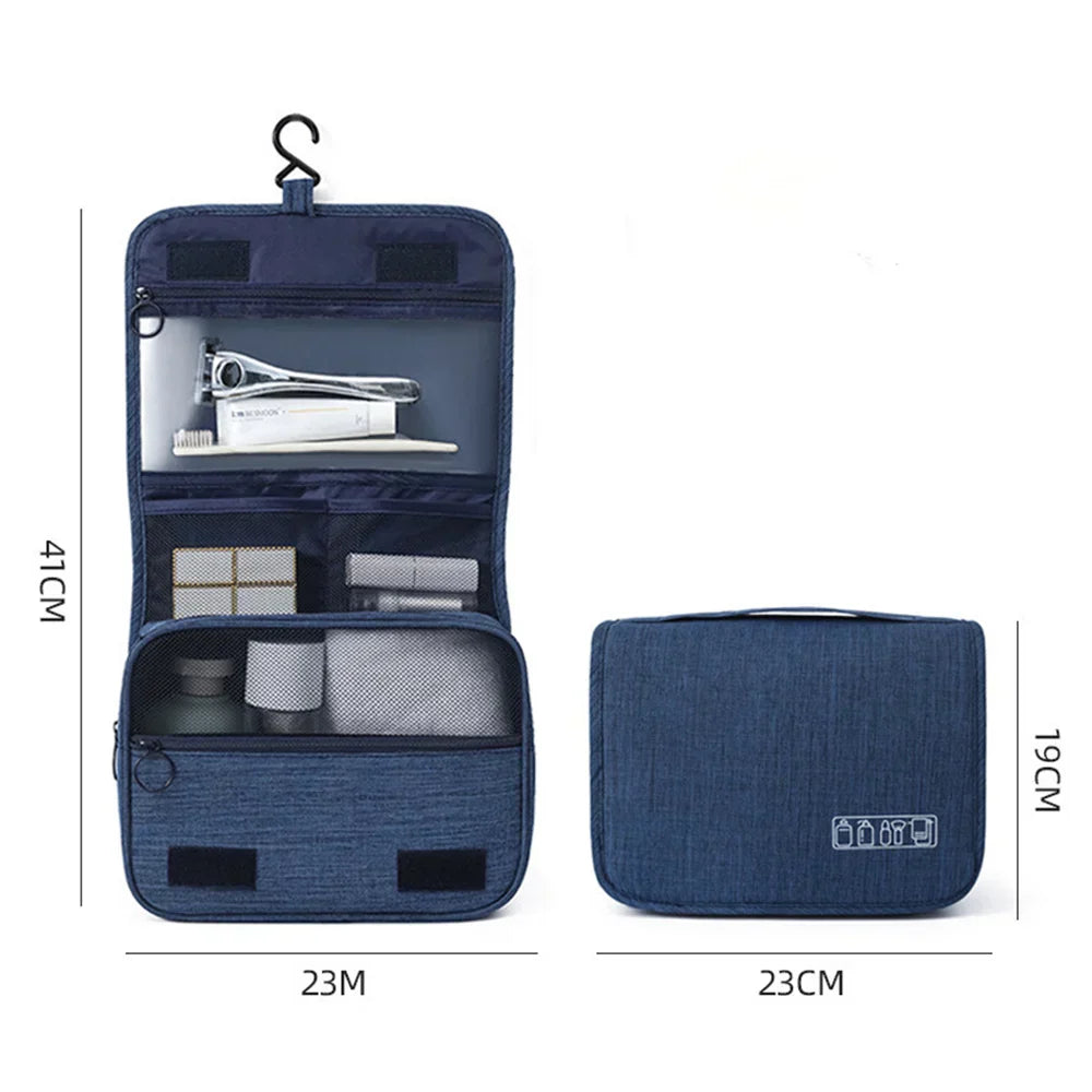 New unisex cosmetic bag, ideal for travel, featuring a convenient hanging hook and waterproof design
