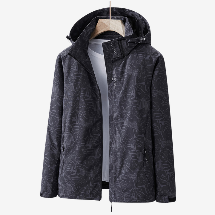 Unisex windbreaker jacket in an urban setting, highlighting its stylish and functional design for travel