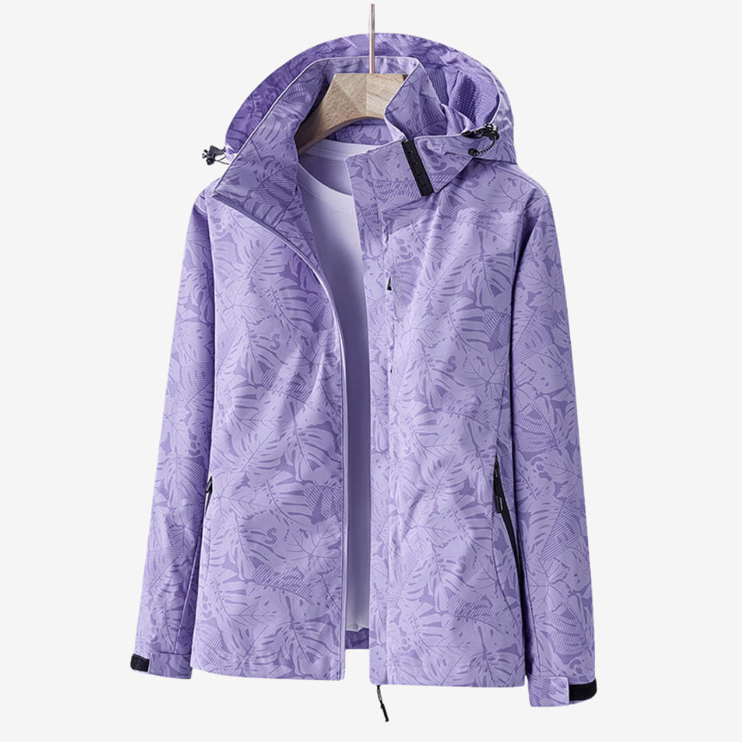 Back view of unisex waterproof windbreaker, showcasing adjustable hood and breathable outerwear style