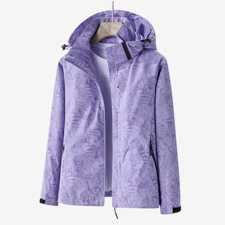 Back view of unisex waterproof windbreaker, showcasing adjustable hood and breathable outerwear style