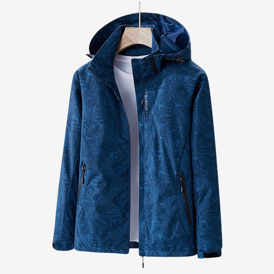 Unisex windbreaker with zipper detail, emphasizing waterproof closure and practical rain gear features
