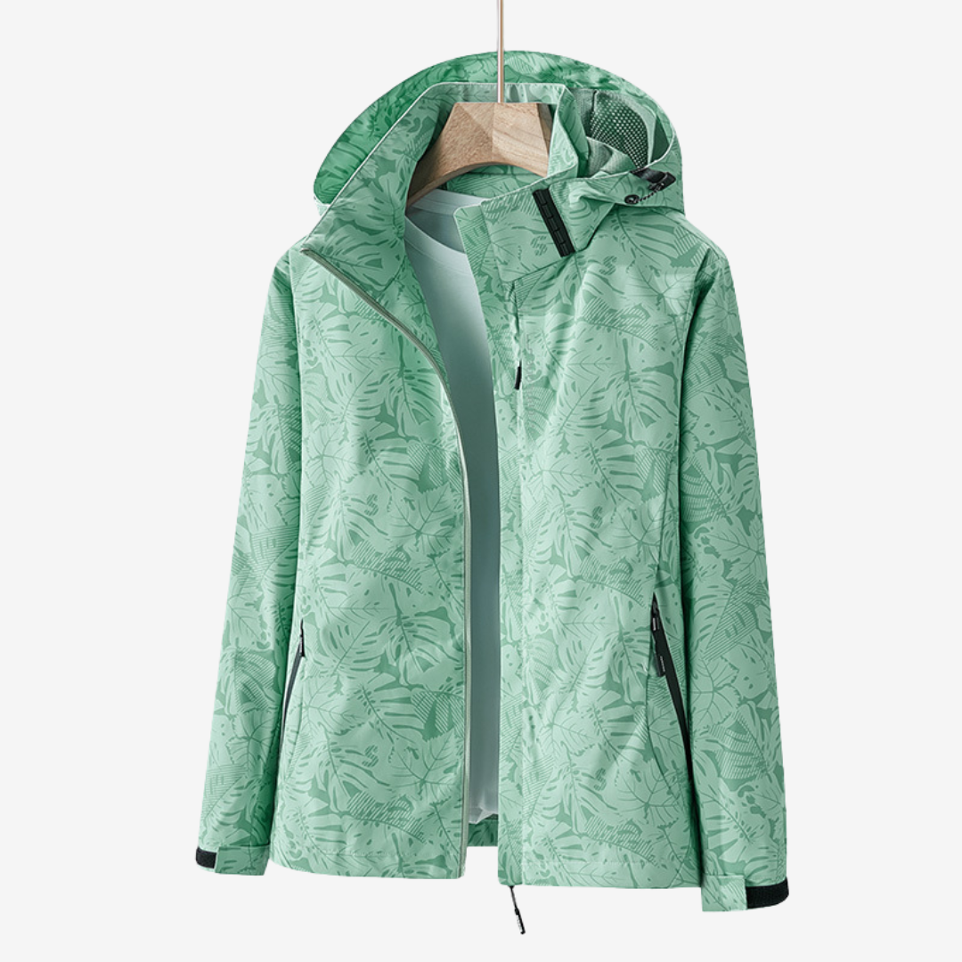 Folded unisex waterproof windbreaker jacket, illustrating its compact design for easy travel and storage