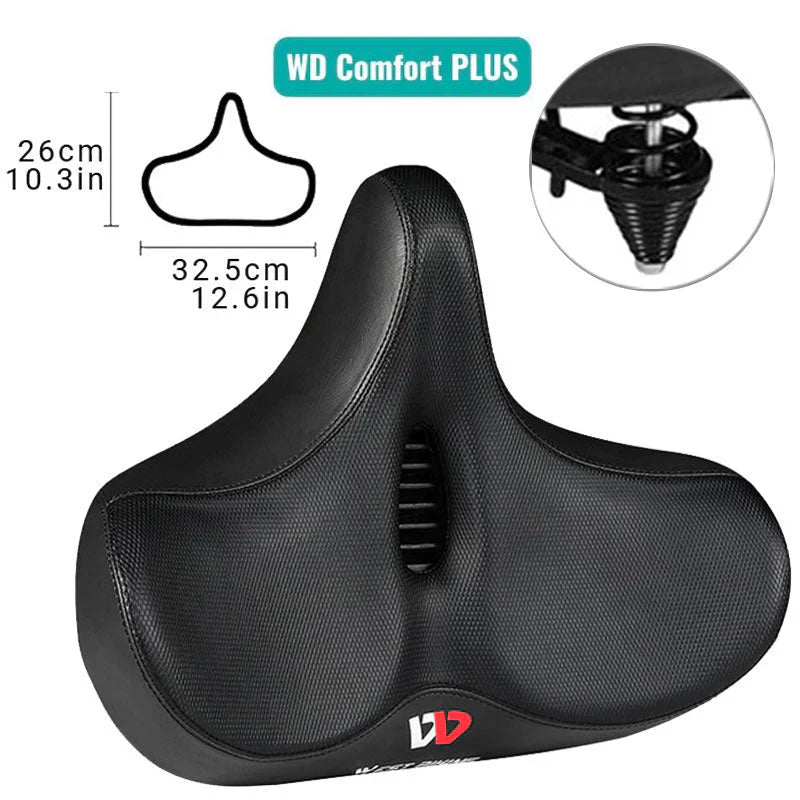 New wide bicycle saddle, ergonomic design with cushioned support for enhanced cycling comfort, unisex bike seat