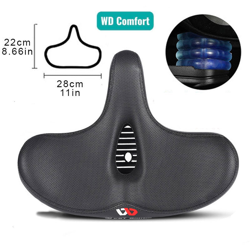 Black wide bicycle saddle, a new cycling accessory engineered for superior comfort and shock absorption