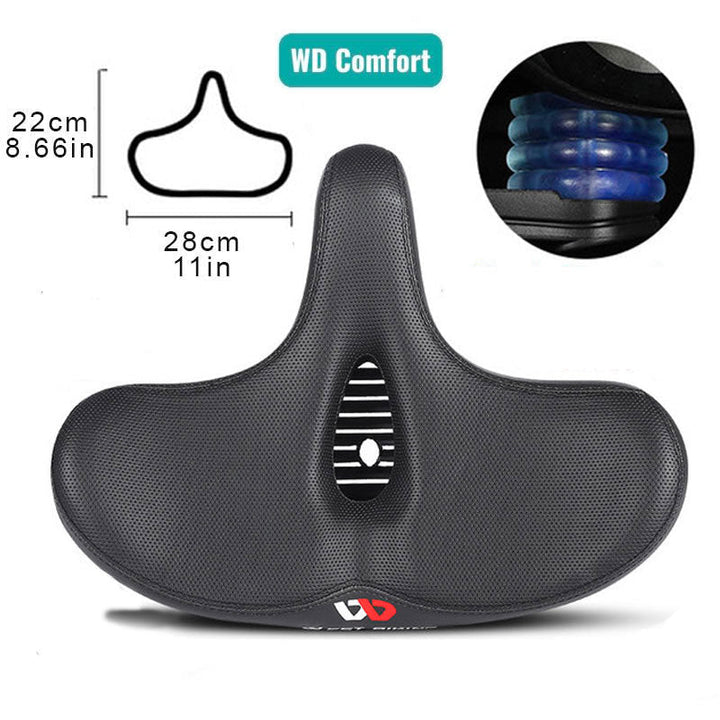 Black wide bicycle saddle, a new cycling accessory engineered for superior comfort and shock absorption