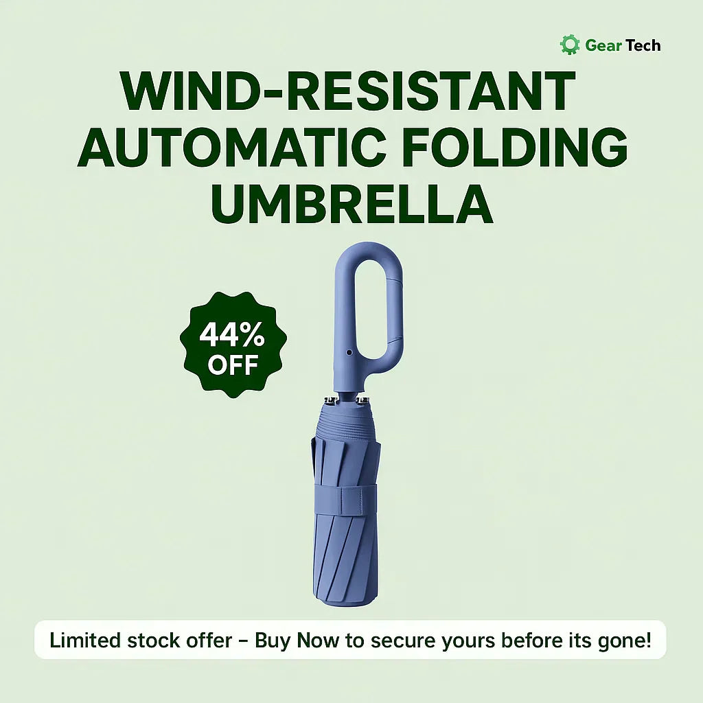 Folding windproof umbrella with reflective safety features. Automatic open/close for convenience.