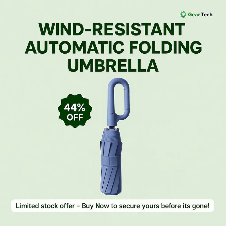 Folding windproof umbrella with reflective safety features. Automatic open/close for convenience.