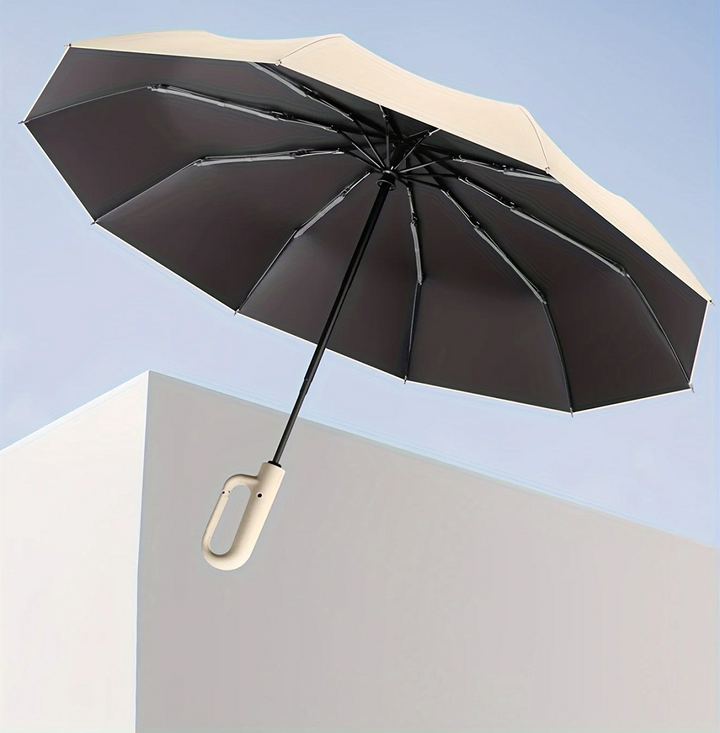 Automatic folding umbrella, windproof design. Reflective trim for travel safety in low light.