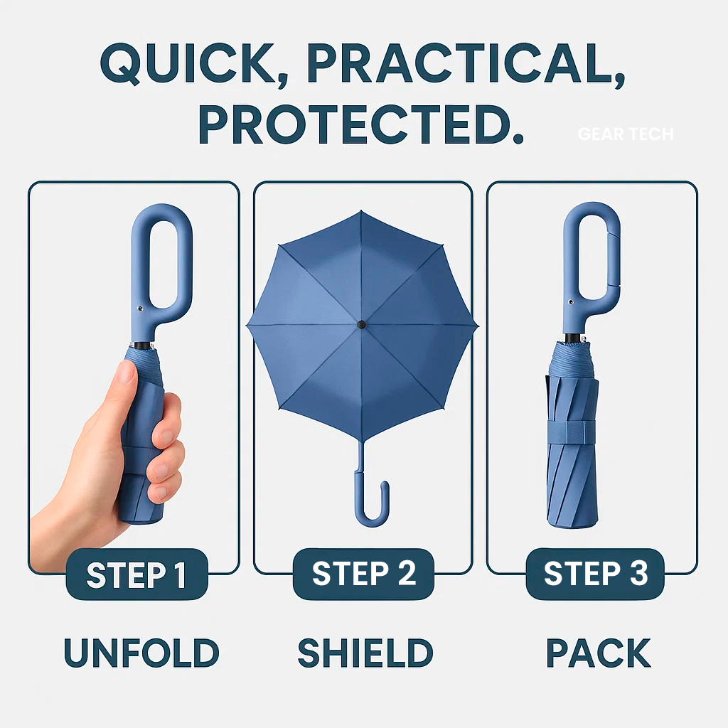 Robust automatic folding umbrella. Compact, portable, and windproof for maximum rain protection.