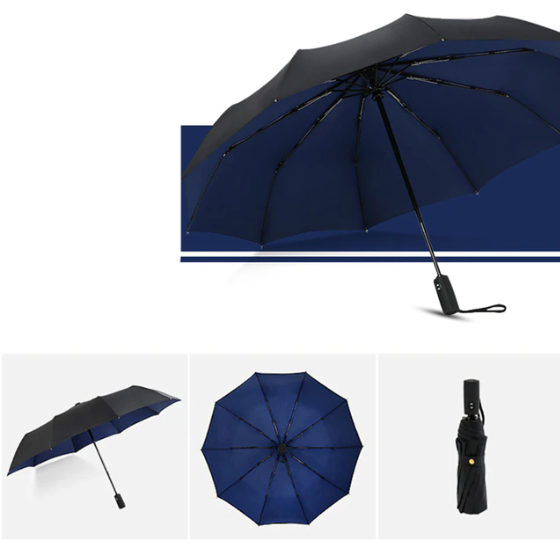 Automatic compact travel umbrella, windproof and heavy-duty. Ideal for all-weather rain protection & outdoor gear.
