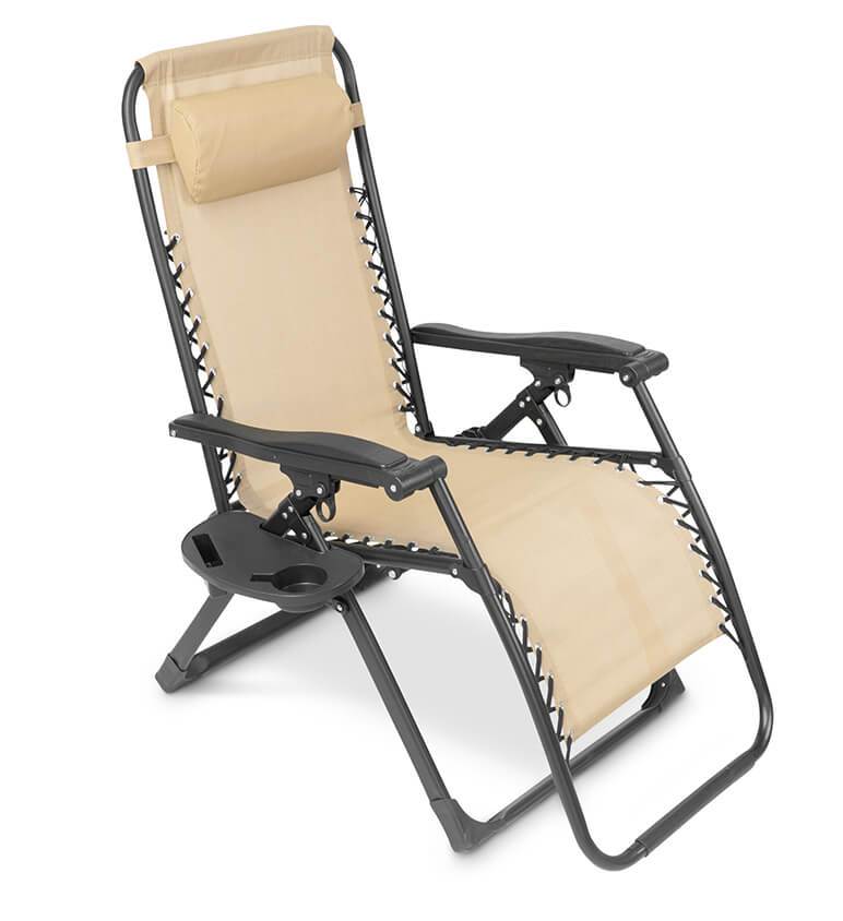 Portable camping chair, zero gravity feature, great for relaxing outdoors.