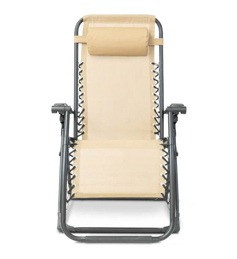 Folding zero gravity patio chair, durable textilene, with adjustable headrest.