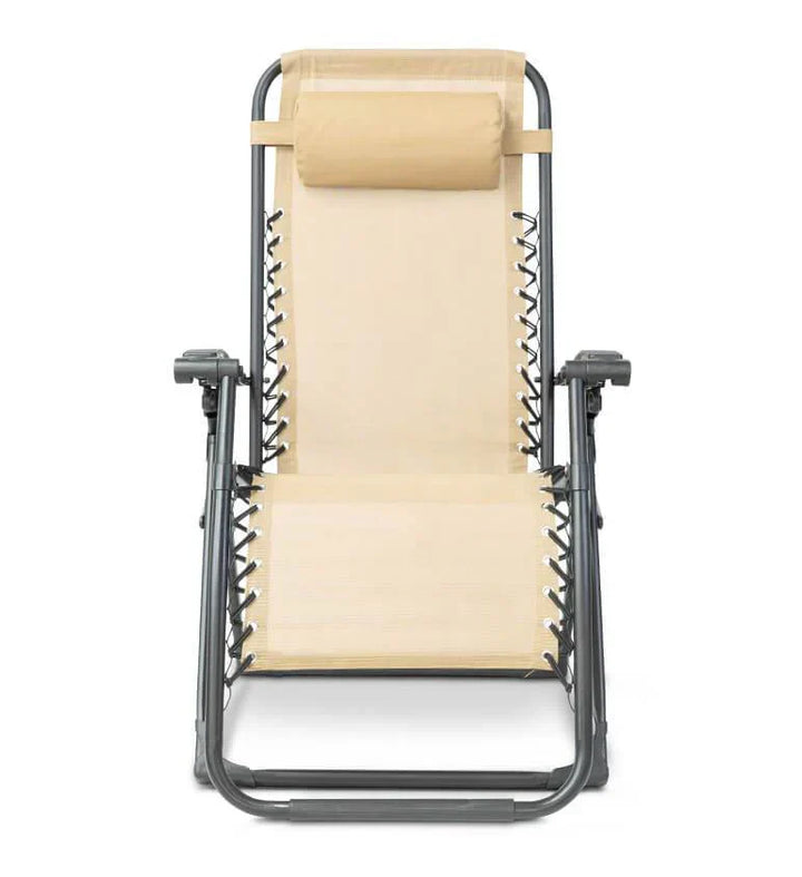 Folding zero gravity patio chair, durable textilene, with adjustable headrest.