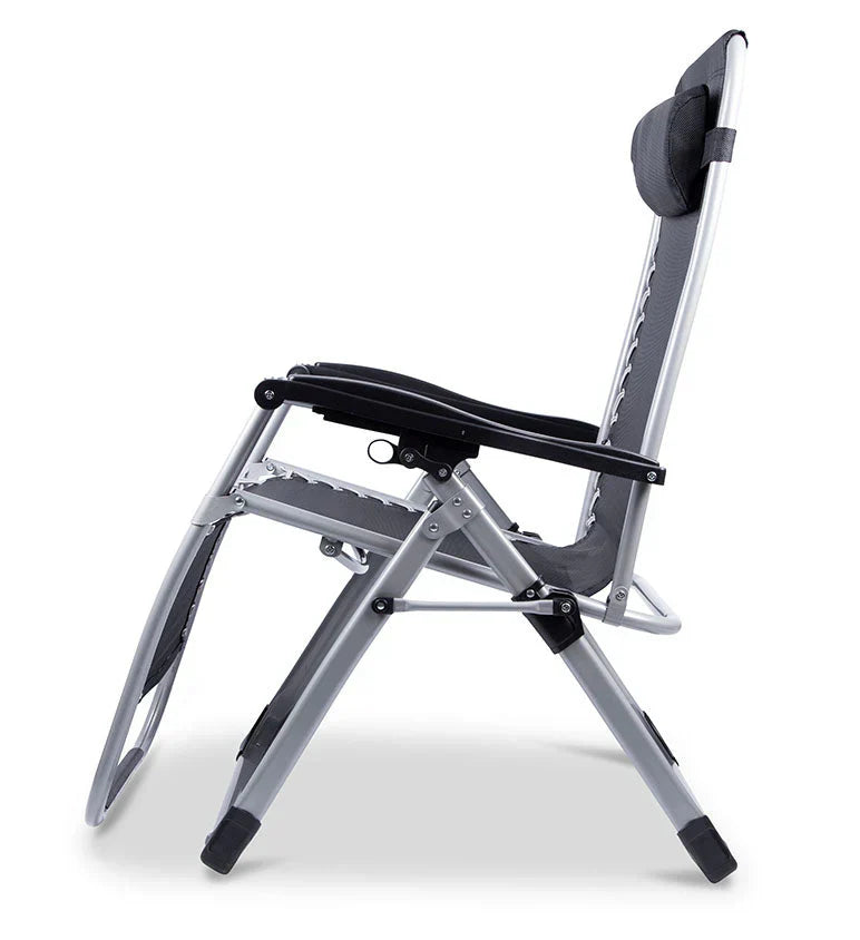 Durable zero gravity garden chair, foldable and portable, with a comfortable headrest.