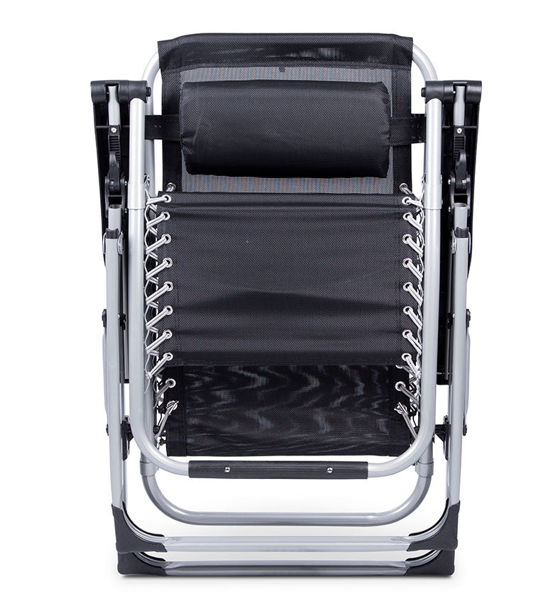 Adjustable zero gravity recliner, perfect for garden, patio, or camping; includes headrest.