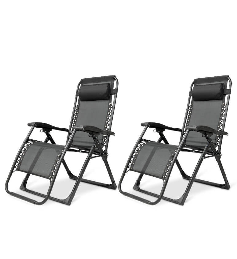 Comfortable outdoor zero gravity recliner, foldable, with integrated headrest.