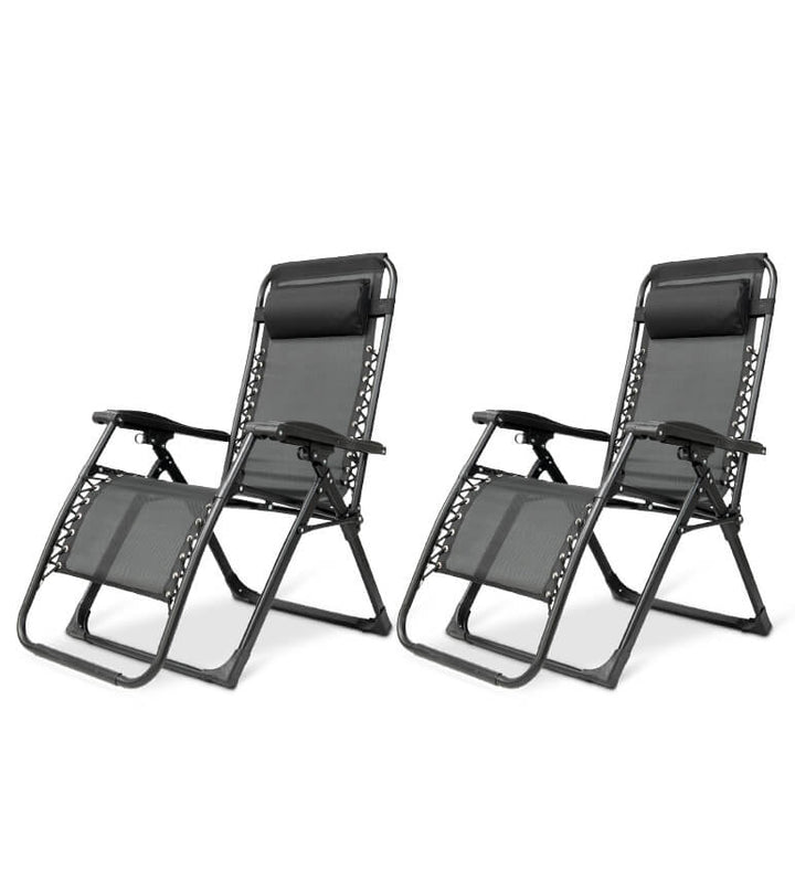 Comfortable outdoor zero gravity recliner, foldable, with integrated headrest.
