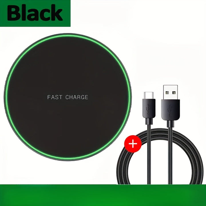 Sleek fast wireless charger pad, providing quick & convenient power for iPhone & Android phones.