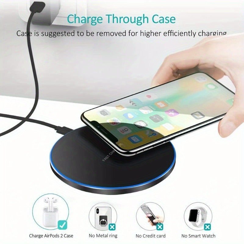 Modern black wireless charging pad, a minimalist tech gadget for desk organization & fast phone charging.