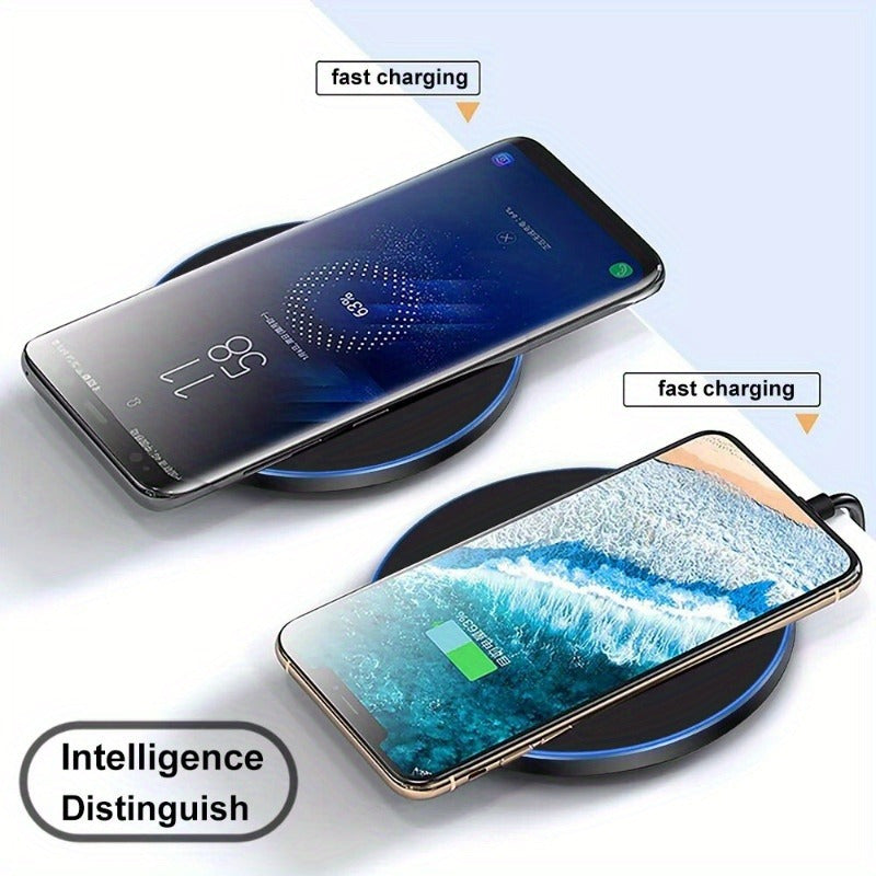 Universal fast wireless charging pad, ideal iPhone & Android charger, boosting smartphone battery swiftly.