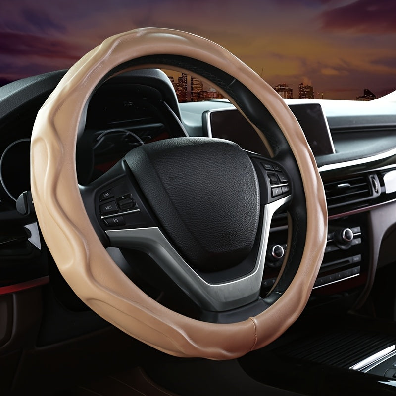 Premium PU leather steering wheel cover, universal fit, non-slip for comfort & steering protection.