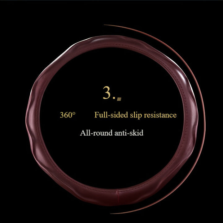 Rich coffee PU leather steering wheel cover with ergonomic non-slip grip for comfortable driving.