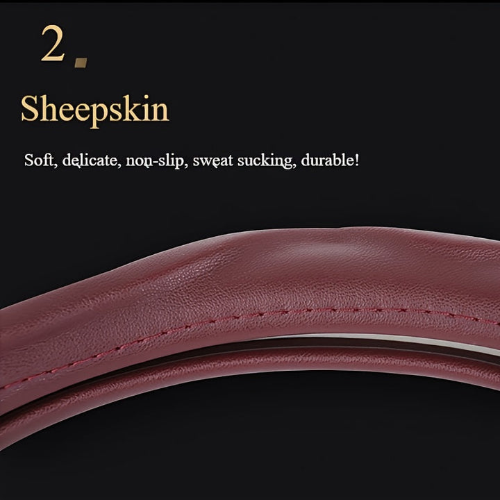 Classic beige PU leather steering wheel cover, universal fit, non-slip grip for comfort & style.