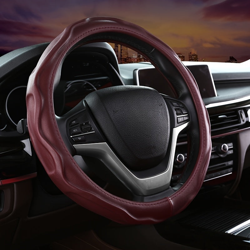 Comfort-focused PU leather steering wheel cover with non-slip grip, universal fit car accessory.
