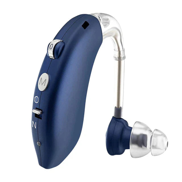 Discreet universal hearing aid, rechargeable for enhanced audio clarity and hearing health.