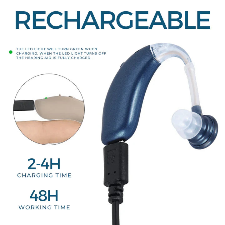 New sound amplifier, a universal rechargeable hearing aid for improved sound and daily wear.