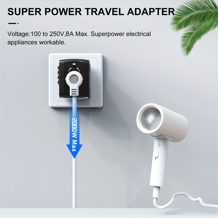 Front view of universal fast charging travel adapter with all international plugs retracted for storage.