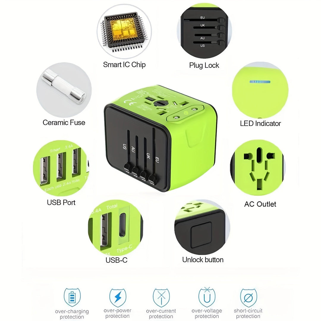 Side view of the portable global charger, showcasing its compact & travel-friendly design.