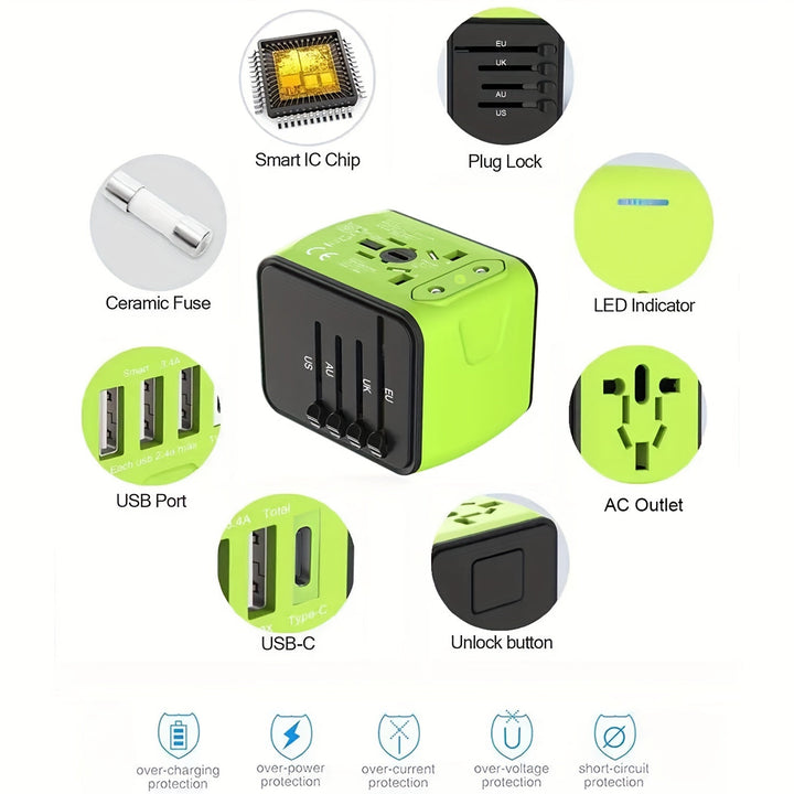 Side view of the portable global charger, showcasing its compact & travel-friendly design.