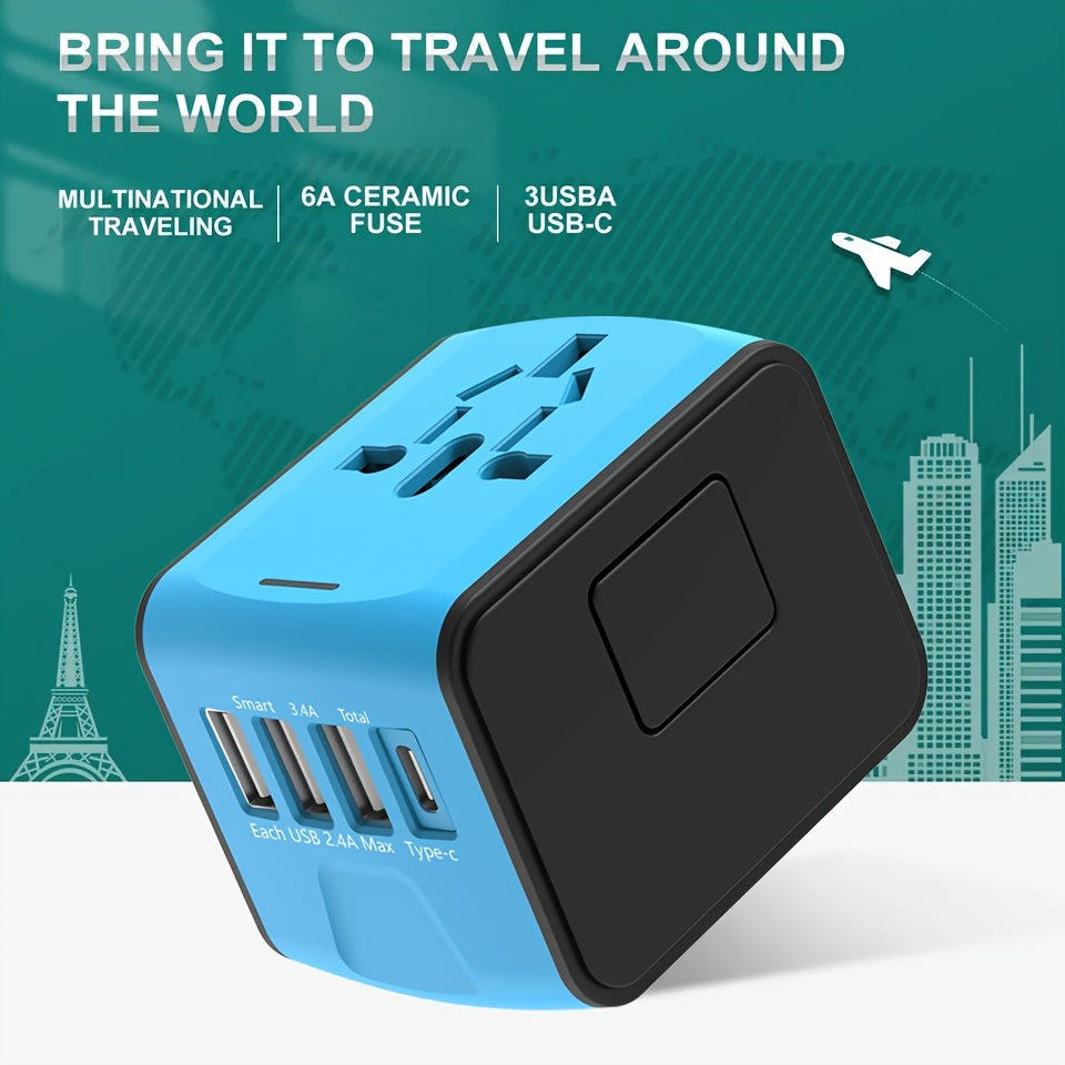 Multi-port universal travel adapter with USB-C & 4 USB ports; fast charges devices worldwide.