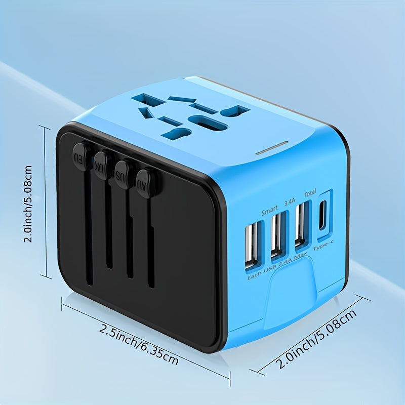 Fast charging global travel adapter with USB-C & 4 USB ports, powers devices quickly worldwide.