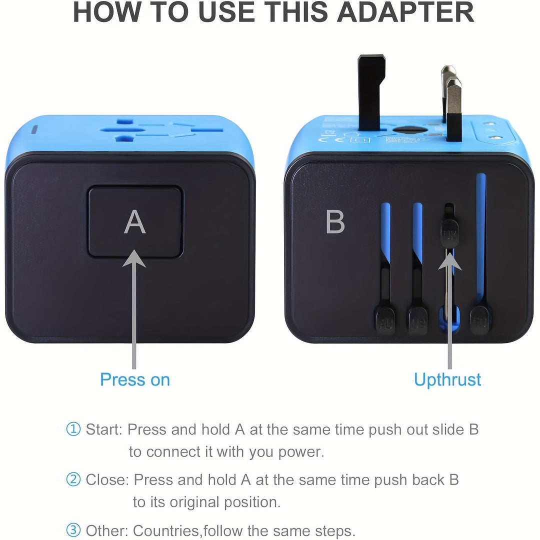 Compact & portable universal travel adapter; a travel essential for international plug compatibility.