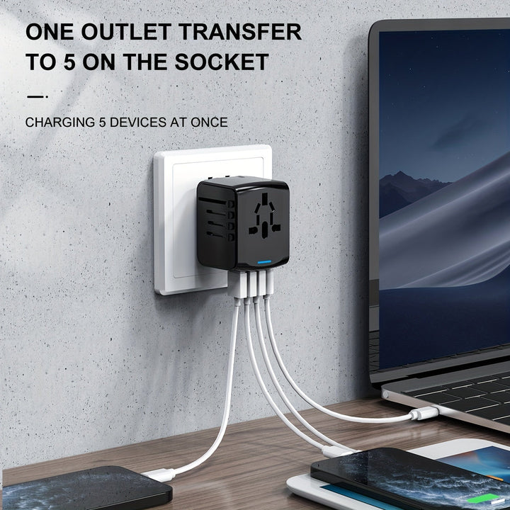 Safe universal travel adapter with fast charging & surge protection; reliable international plug.