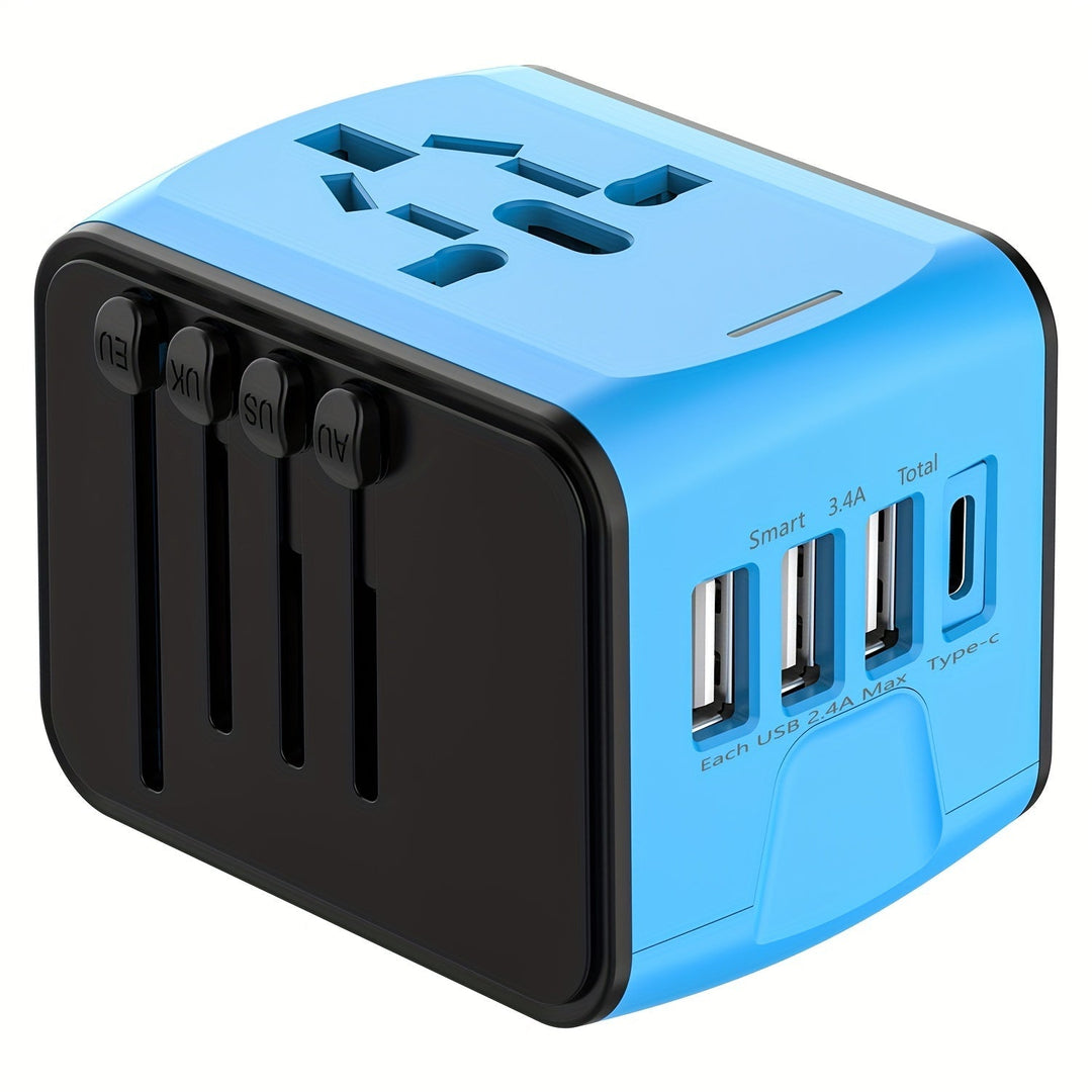 Universal travel adapter showing deployed UK, US, EU plugs; ready for global power needs.