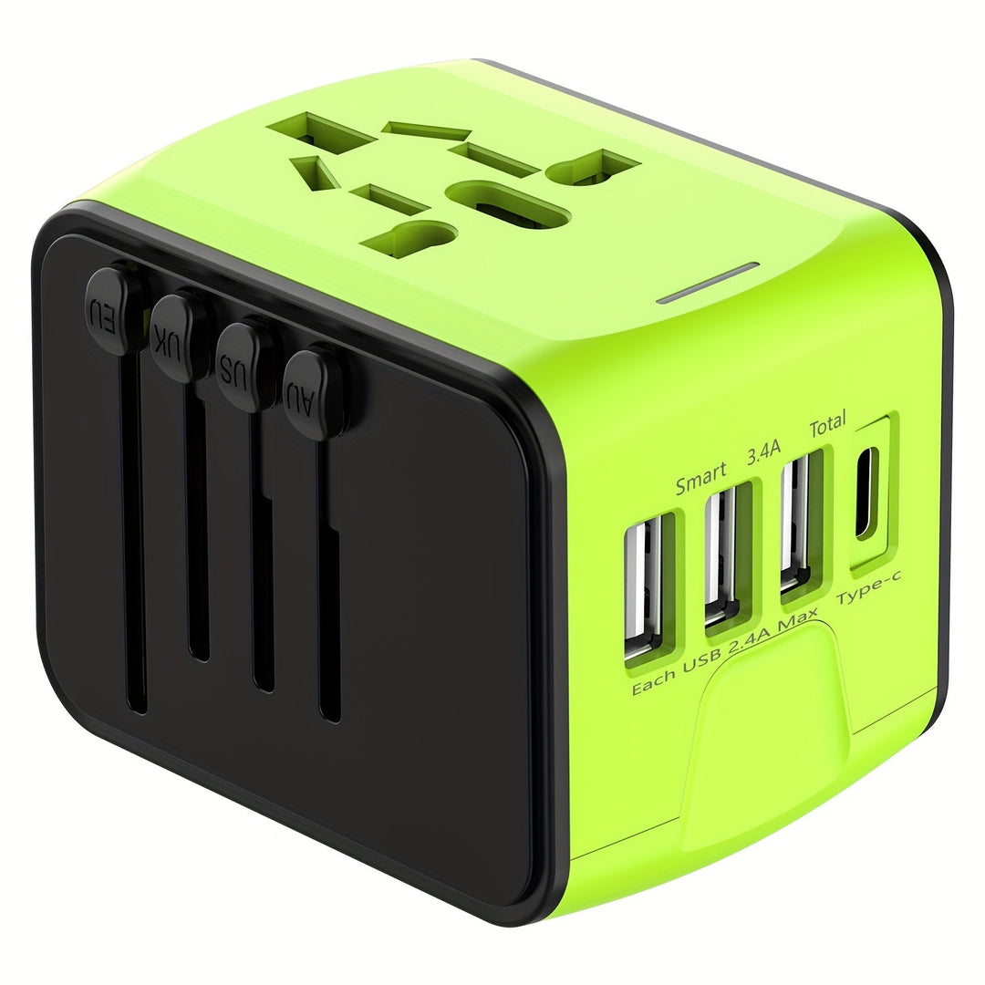 Close-up of universal travel adapter; highlights USB-C & 4 USB ports for multi-device charging.