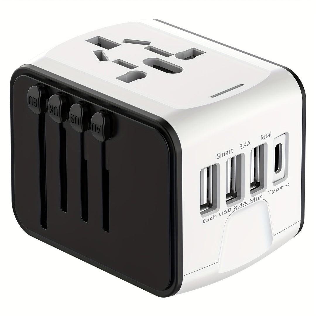 Universal multi-port travel adapter simultaneously charging phone, tablet & camera; a travel essential.