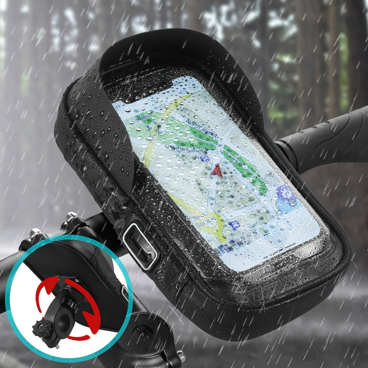 Universal waterproof bicycle & motorcycle phone holder, 360° rotation for navigation on handlebars.