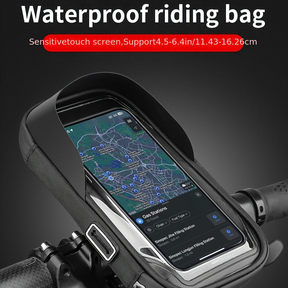 Waterproof handlebar bag phone mount for bikes & e-bikes, secure 360° rotation, holds smartphone.
