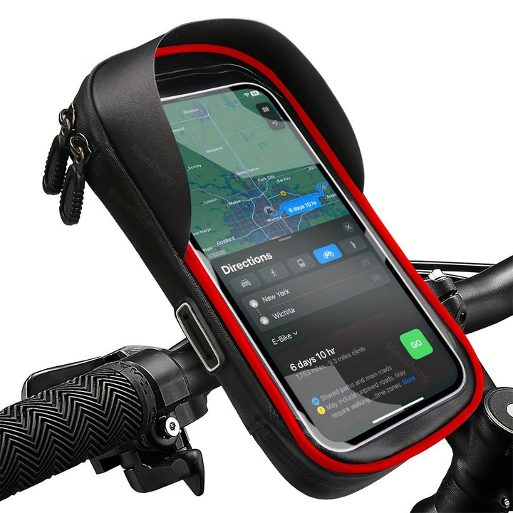 Cycling accessory: waterproof phone holder for bike/motorcycle handlebars. Universal mount, 360° rotation.