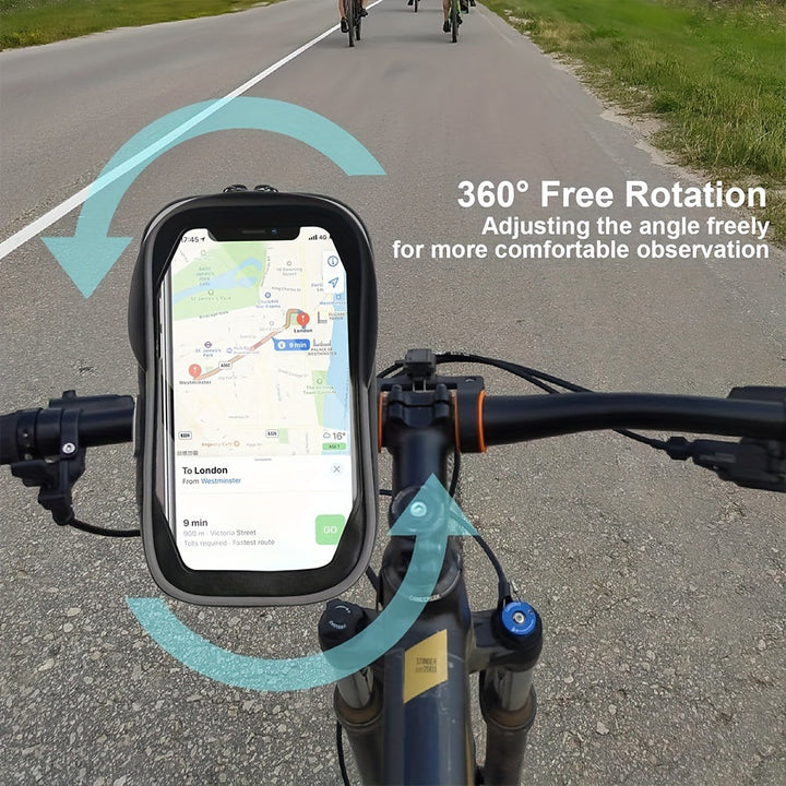 Universal waterproof phone holder handlebar bag with 360° rotation for bicycle, motorcycle, e-bike navigation.