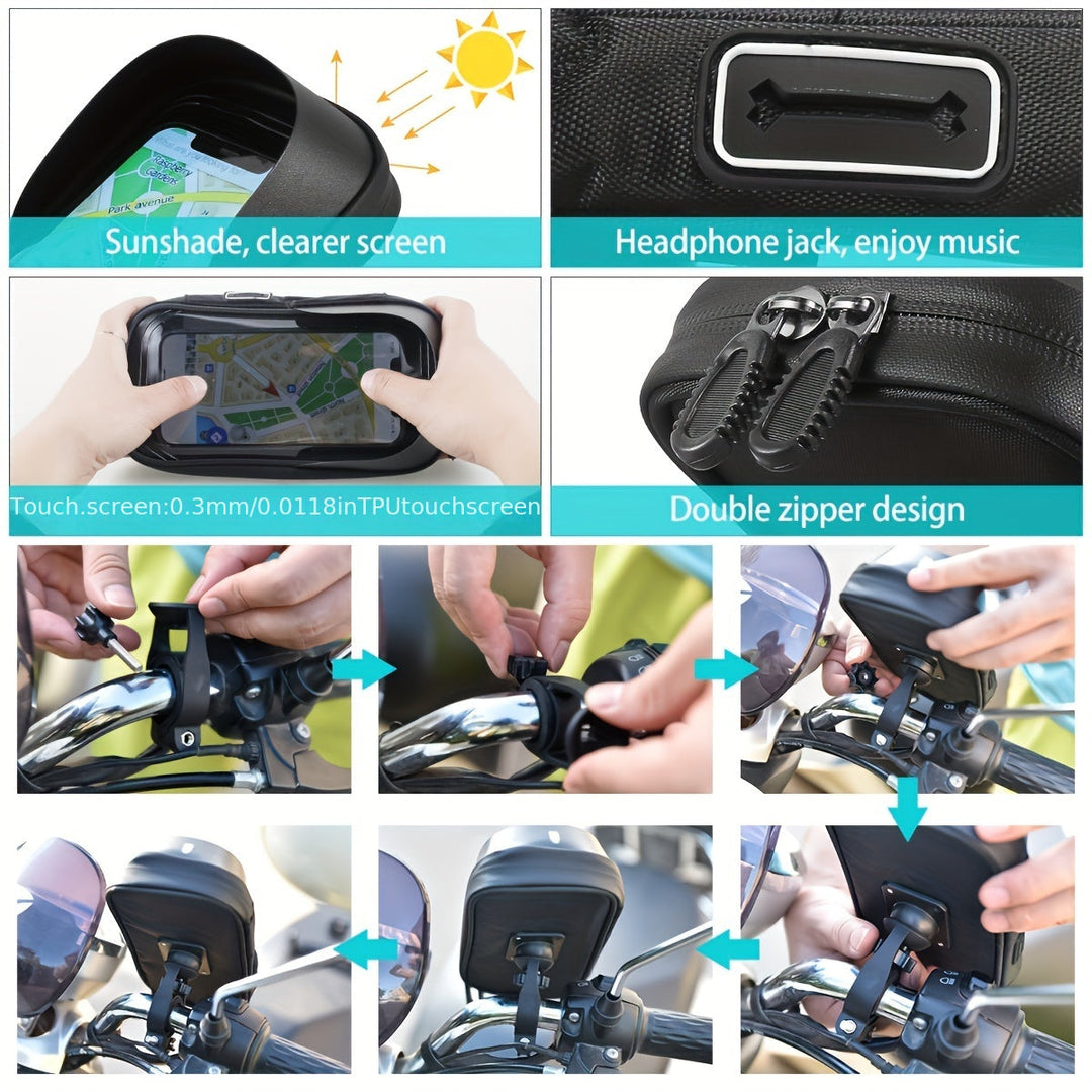 Stay connected: universal waterproof smartphone holder for bicycle & motorcycle. 360° rotation on handlebars.