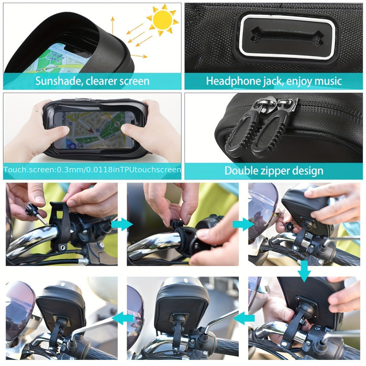 Stay connected: universal waterproof smartphone holder for bicycle & motorcycle. 360° rotation on handlebars.